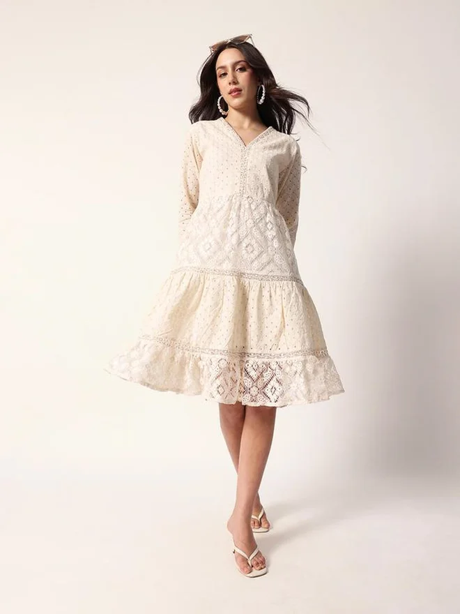 آي شين Off White Lace A-Line Knee-Length Dress